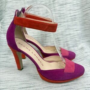 Sacha London Suede Purple Pink Red Color Block Heels Retro Ankle Strap Size 7